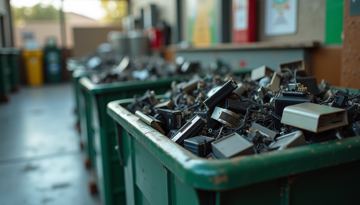 Eye-level view of a recycling bin filled with old computer parts at Desert Computer Solutions in Scottsdale