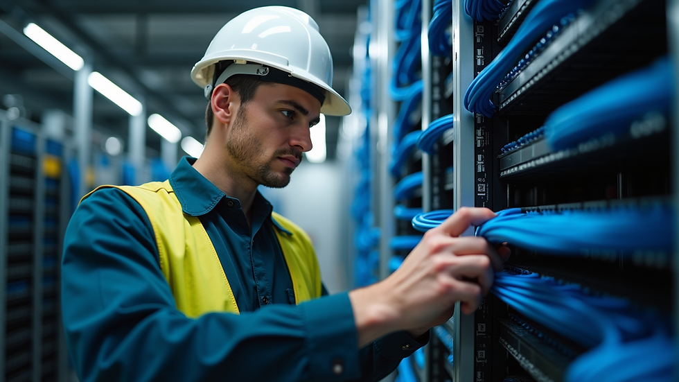 Eye-level view of a technician inspecting structured cabling