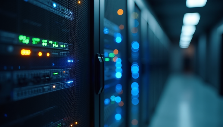 Close-up view of a secure server rack with blinking lights