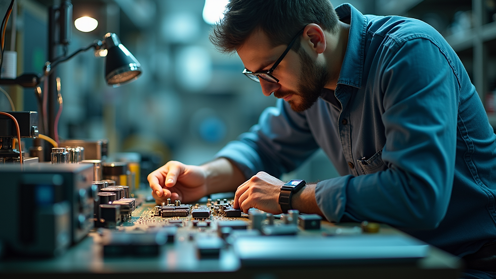 Eye-level view of a technician inspecting recycled electronic components