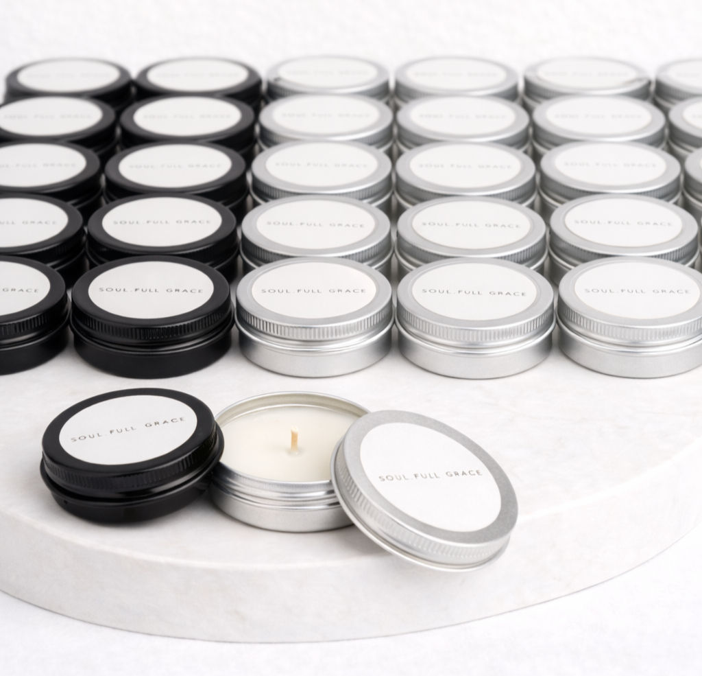 Bulk mini candles- silver/black tins- assorted scents- hand-poured coconut soy wax- weddings/corporate gifts/events