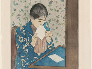 A seated woman wearing a patterned blue dress holds an envelope close to her lips, as if about to seal it. She sits at a blue-topped table where a folded letter rests. Behind her, a wall covered in delicate green and brown vine-like motifs creates a soft, decorative backdrop. The artwork is rendered in muted tones with fine linework, giving it a quiet, intimate atmosphere.