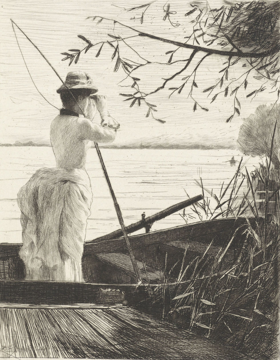 A black and white etching showing a woman in Victorian-era dress and hat standing in a small boat, a fishing rod leaning against her shoulder. She faces away from the viewer to the right and looks through a pair of binoculars towards a calm body of water. Tree branches with leaves frame the top of the composition, while reeds and grasses appear in the lower left corner near the boat. The Dutch title 'OP DEN UITKIJK' appears at the bottom, meaning 'On the Lookout.