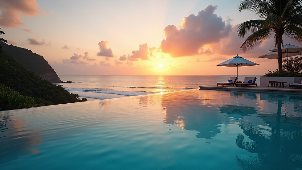 High angle view of an infinity pool overlooking a tropical beach at sunset