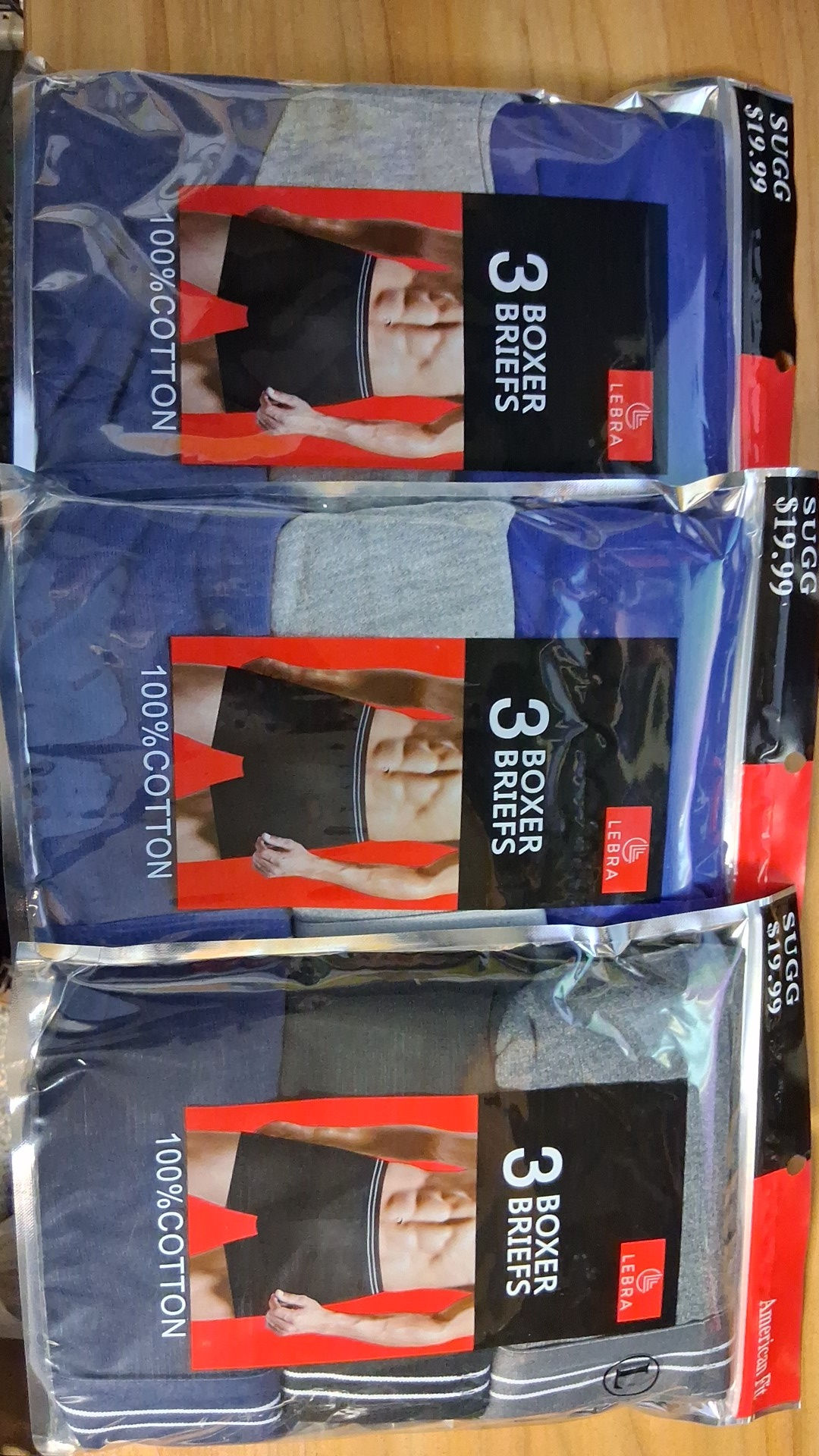 Lebra Mens 100% Cotton Large Boxer Briefs (3 Packs of 3)