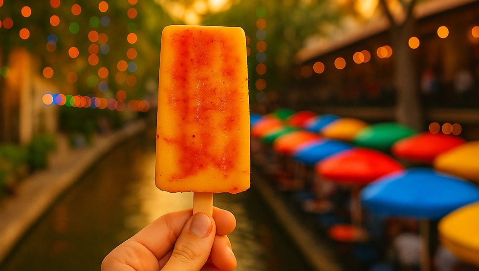 Close-up of a mango-chile paleta with condensation held in front of San Antonio River Walk, colorful umbrellas, and festive lights at golden hour.