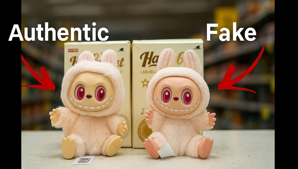 Side by side comparison of authentic Labubu and fake Labubu plush figures in a store setting
