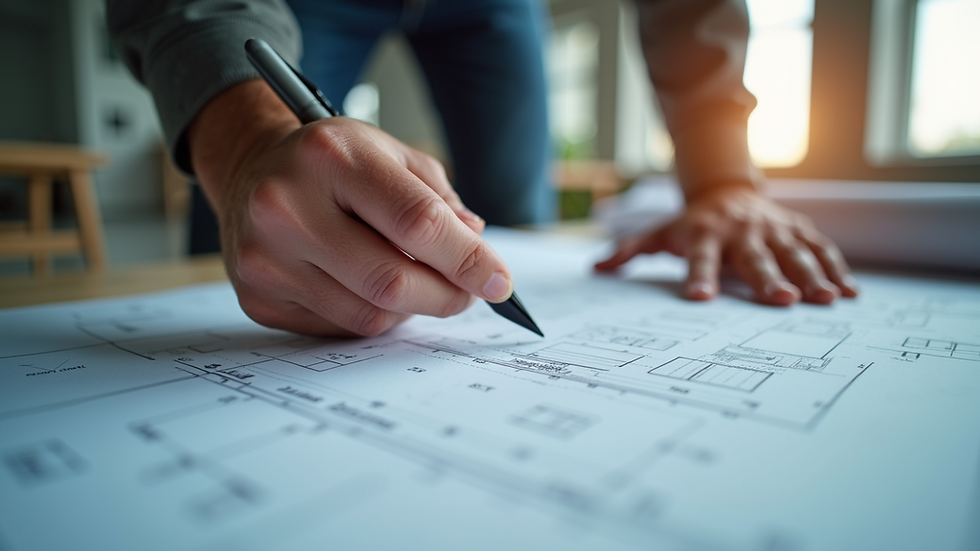 Eye-level view of a construction manager reviewing blueprints