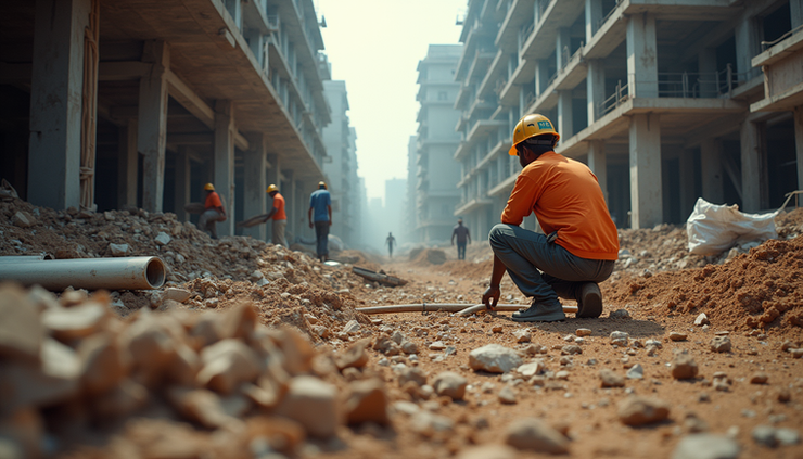 Eye-level view of a construction site in Bangalore showing workers and building materials