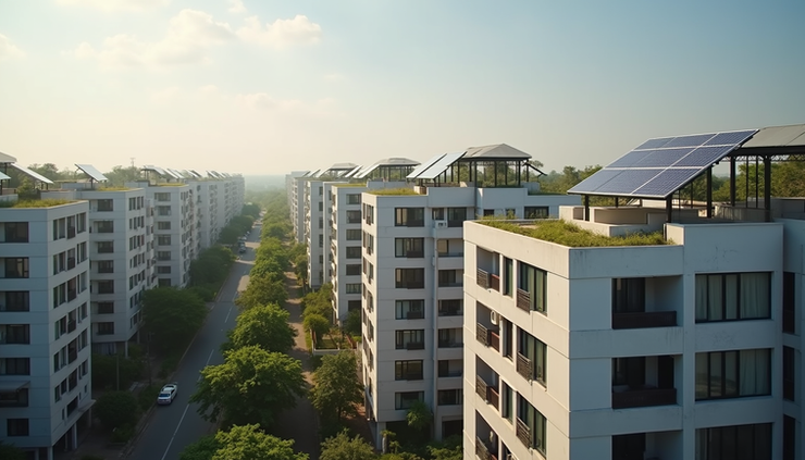 Eye-level view of a modern Bangalore residential building with solar panels on the rooftop