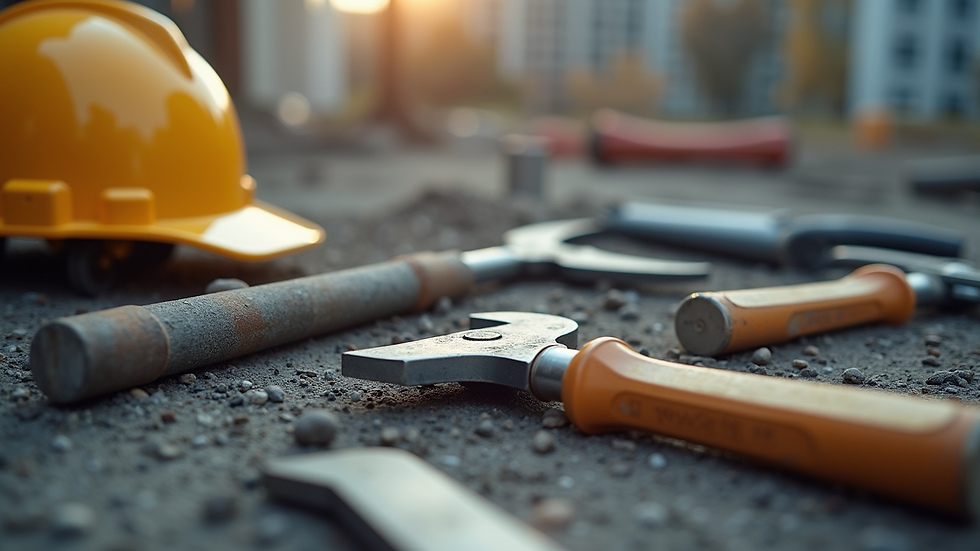 Close-up view of construction tools on a job site