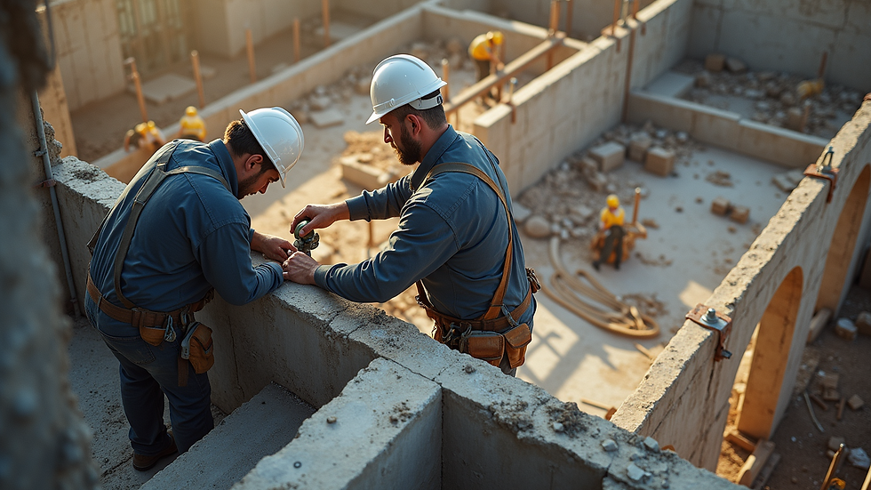High angle view of workers collaborating on a construction project