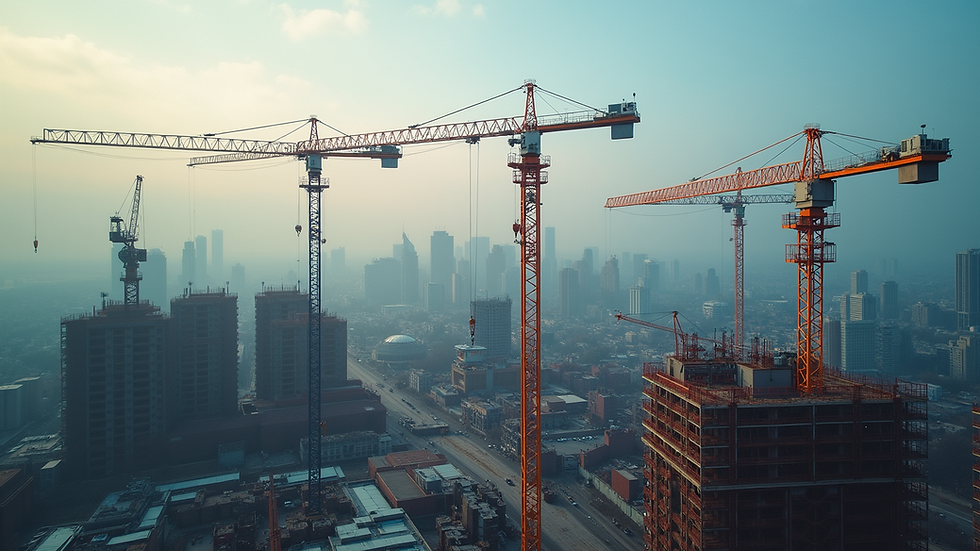 High angle view of a construction site with cranes
