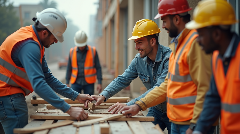 Eye-level view of a diverse construction team collaborating