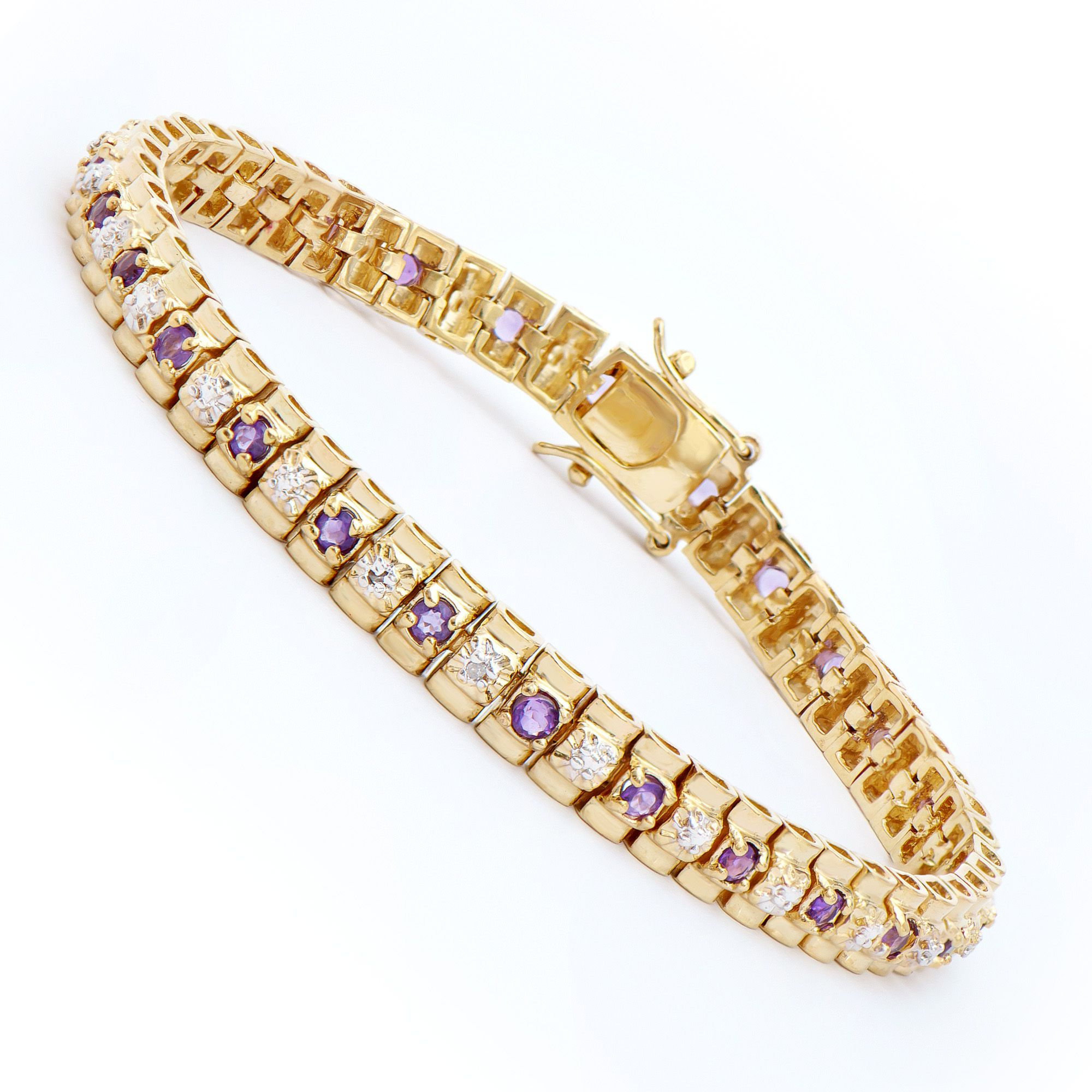 2.05 TCW Amethyst & Diamonds 18K Gold Plated Bracelet