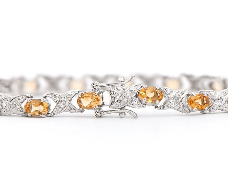 6.54 ctw Citrine & Diamonds Rhodium Plated Designer Bracelet 8 in