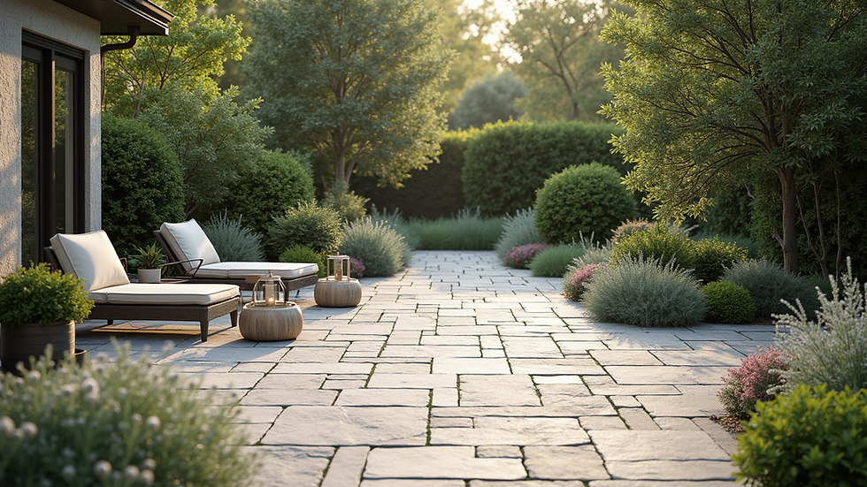 Eye-level view of a beautifully designed patio with stone pavers and outdoor furniture