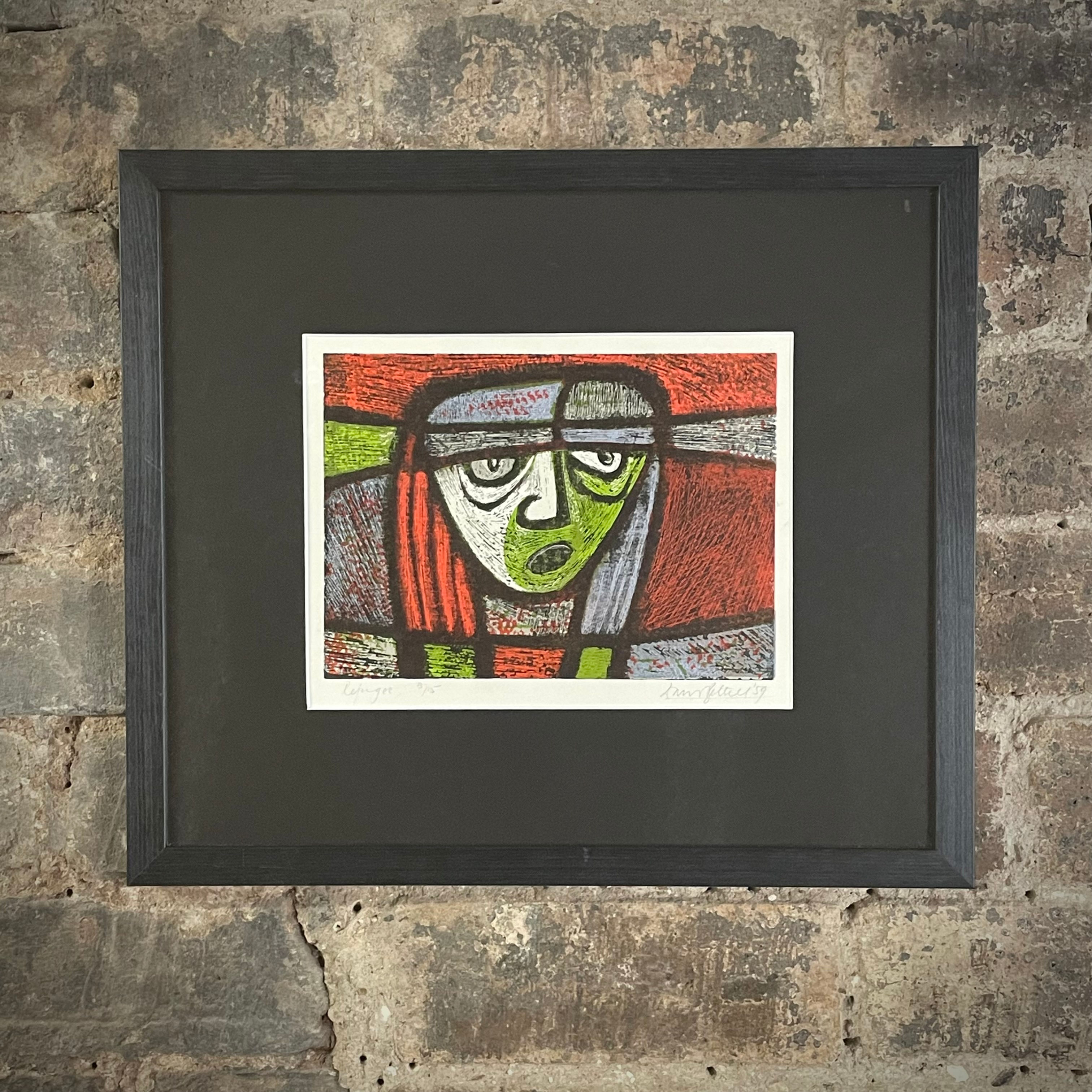 David Bethel. Woodcut. 'Refugee'. 1959