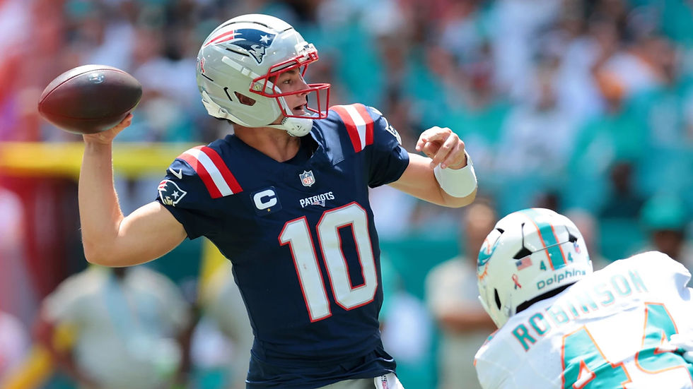 Photo Caption: Drake Maye making a pass during the first quarter against the Miami Dolphins on September 14, 2025. Photo Credit: Sam Navarro/Imagn Images.