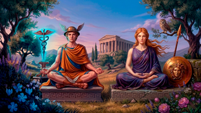 Ilustração artística dos arquétipos Hermes e Atena representando o equilíbrio entre fluidez e foco na meditação guiada Inspira.