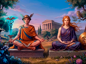 Ilustração artística dos arquétipos Hermes e Atena representando o equilíbrio entre fluidez e foco na meditação guiada Inspira.