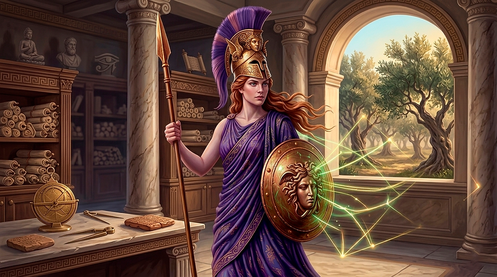 Representação da deusa Atena simbolizando foco estratégico, clareza mental e soberania sobre os pensamentos.
