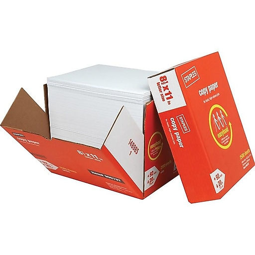 Staples Ream-Less Copy Paper 8.5in x 11in 20lbs White 2500 Sheets/Carton