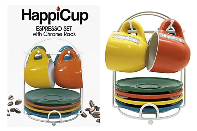 HappiCup Espresso Cups With Saucers And Rack 1oz Assorted Colors Set Of 4