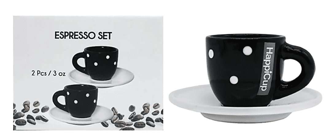 HappiCup Espresso Cups With Saucers 1 Oz Polka Dots Set Of 2