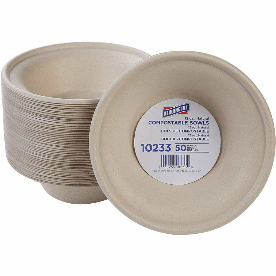 Genuine Joe 12 oz Compostable Bowls Sugarcane White Natural 50/Pack 20 Carton