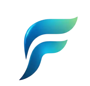 A sleek 3D graphic of a stylized letter F logo. The design features a smooth blue-to-green gradient on a black background.