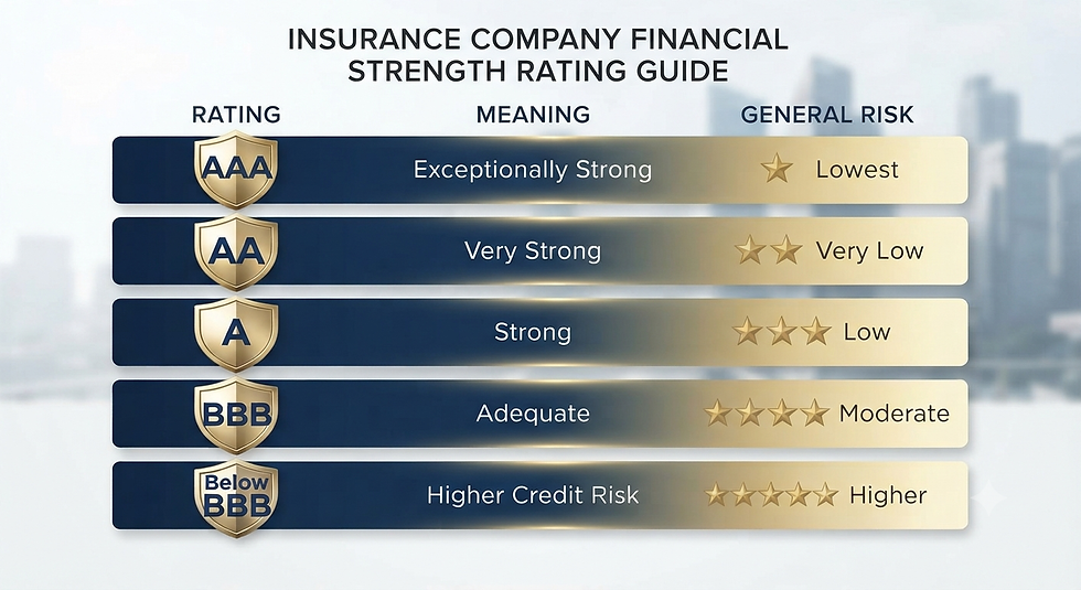 A structural infographic breaking down credit rating scale categories, illustrating the definitions of high-grade financial strength down to lower tiers to explain what specific rating letters mean for an insurer's safety.