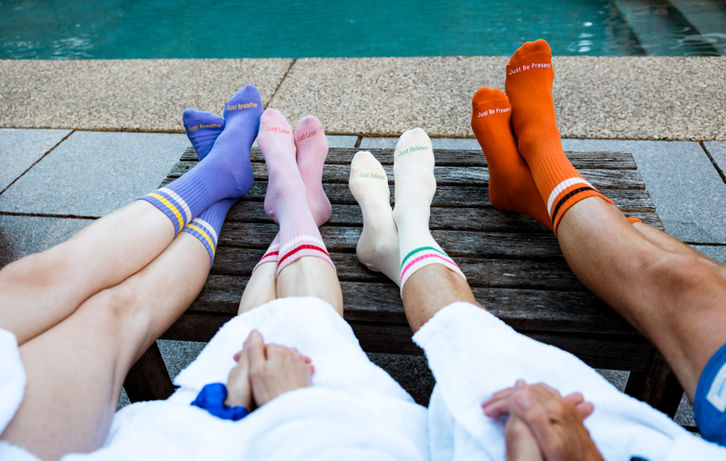 Colorful socks with positive messages to start your day right. Mantra "Just Believe" Positive affirmation "Just Love" Intention "Just Believe" and reminder to "Just Be Present"