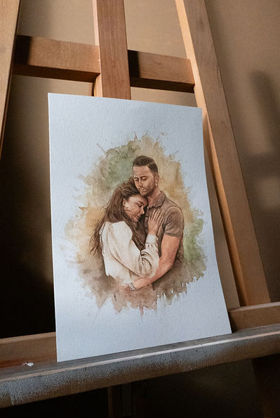 Handgeschilderd portert van een man en vrouw koppel. Liefdevolle omhelzing in aquarel.