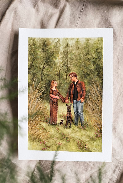 Op maat gemaakt en handgeschilderd aquarel schilderij. Geboortekaartje met gepersonaliseerd koppel samen met huisdieren in de natuurl