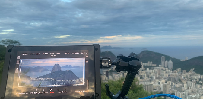 Camera monitor displaying Rio de Janeiro's landscape during a film shoot in Brazil.