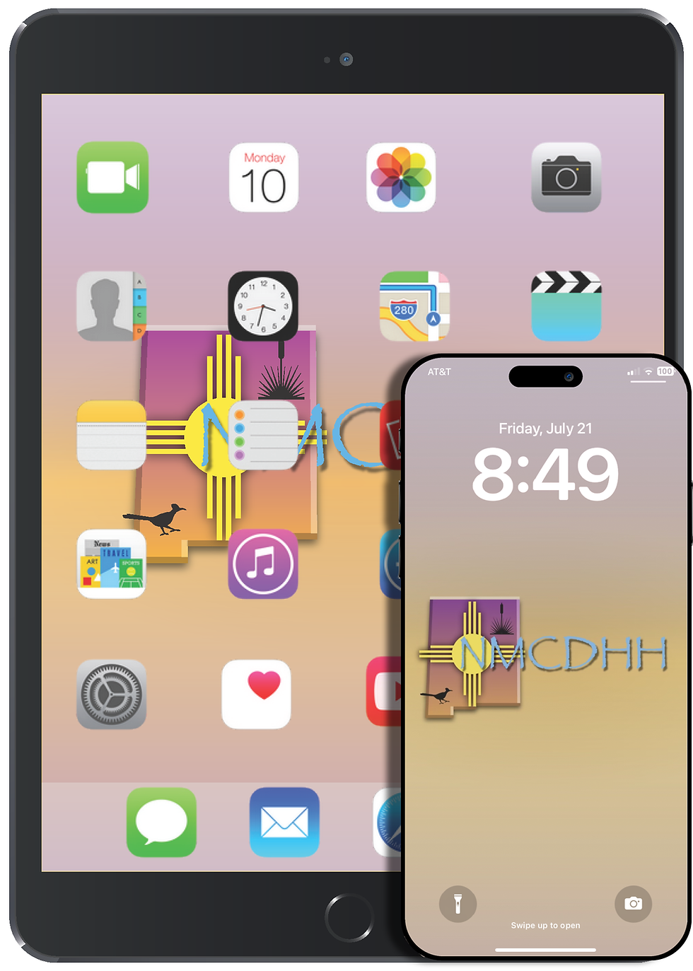 iPhone 16 in front of an iPad, displaying home screen with app tiles and NMCDHH logo background.