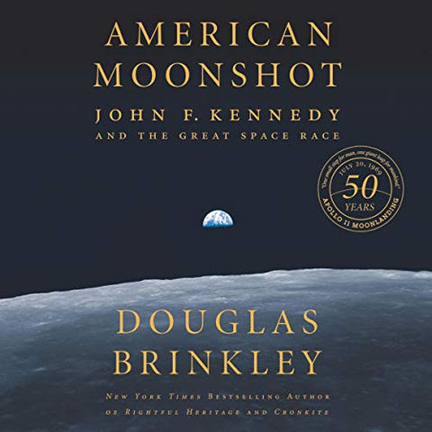 book cover design for 'American Moonshot' by douglas brinkley, produced by mosaic audio