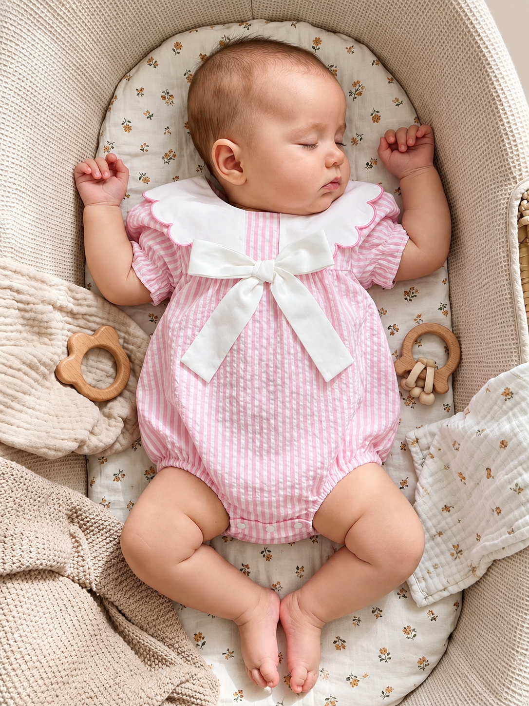Macacão Bebê Helena – Rosa com Laço Off-White - PL0055