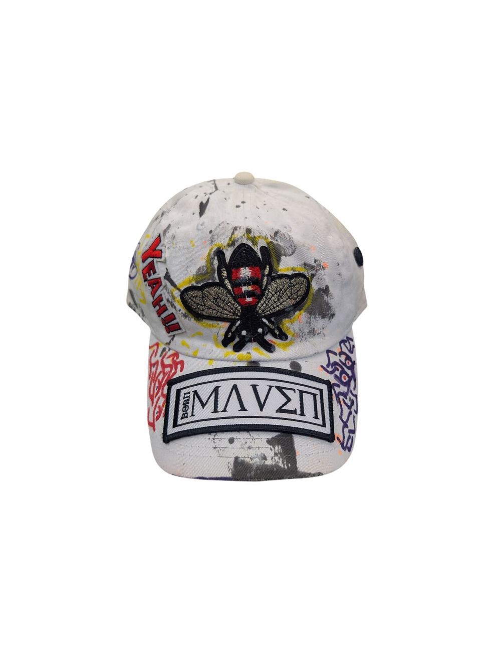 Front view of Born Maven one-of-one hand-painted embroidered hat with bold bee design and graffiti text.