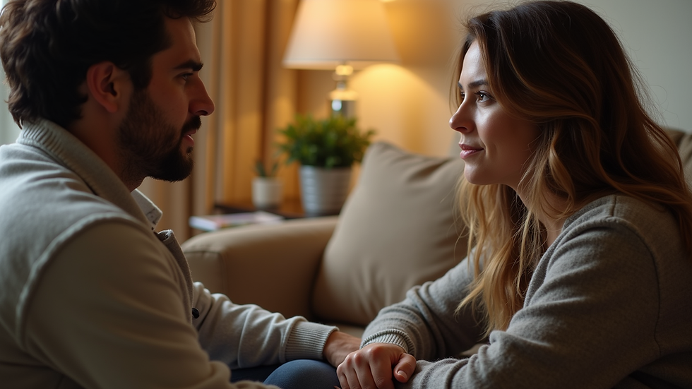 Close-up view of two people having a calm conversation in a cozy room