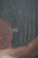 Deckengemälde "Kybele", Nahaufnahme Gewebeverletzung, Zwischenzustand Restaurierung