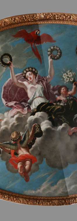 Gesamtaufnahme des Deckengemäldes „Flora“ im Schloss Nymphenburg, Zwischenzustand der Reinigung; Restaurierung