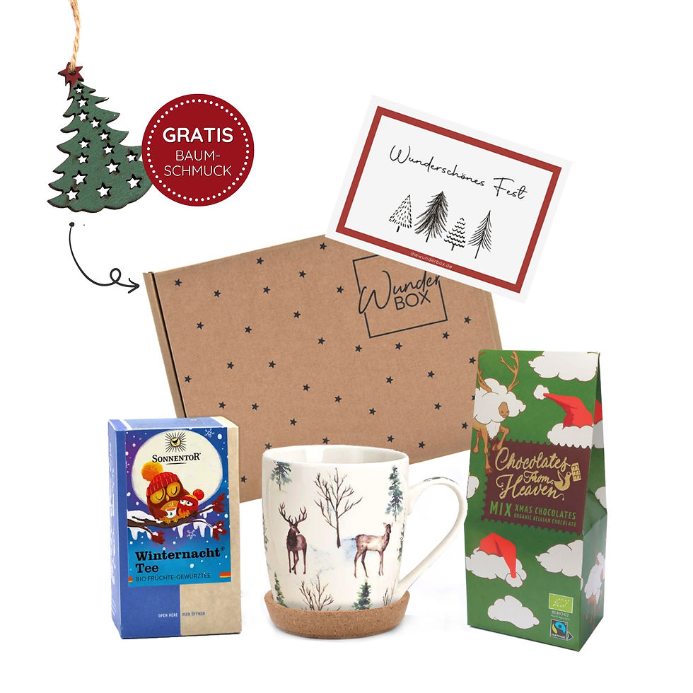 Weihnachtsgeschenk Geschenkset Box mit Tee & Pralinen - Wald Hirsch Tasse