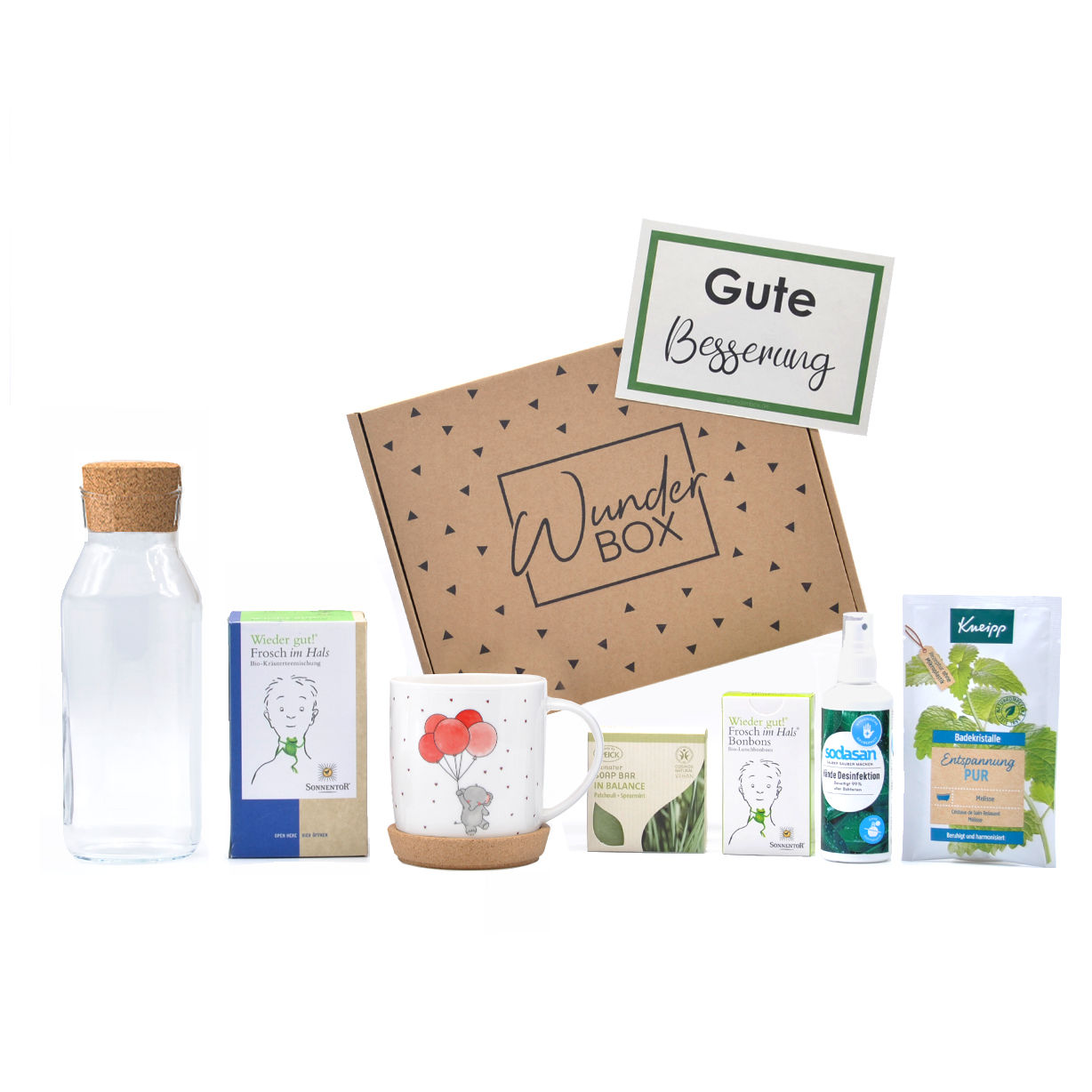 Gute Besserung Geschenk Geschenkset Box mit Losem Tee und Ballon Tasse