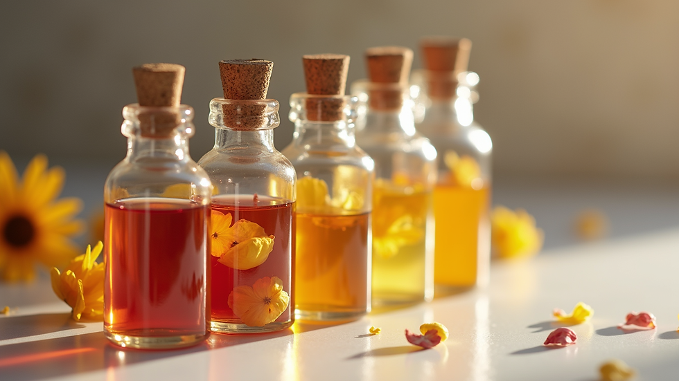 Close-up view of a selection of flower essences in small bottles