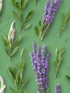 green herbs, vanilla, , vanilla flowers, wood chunks, on a green background, a little lav