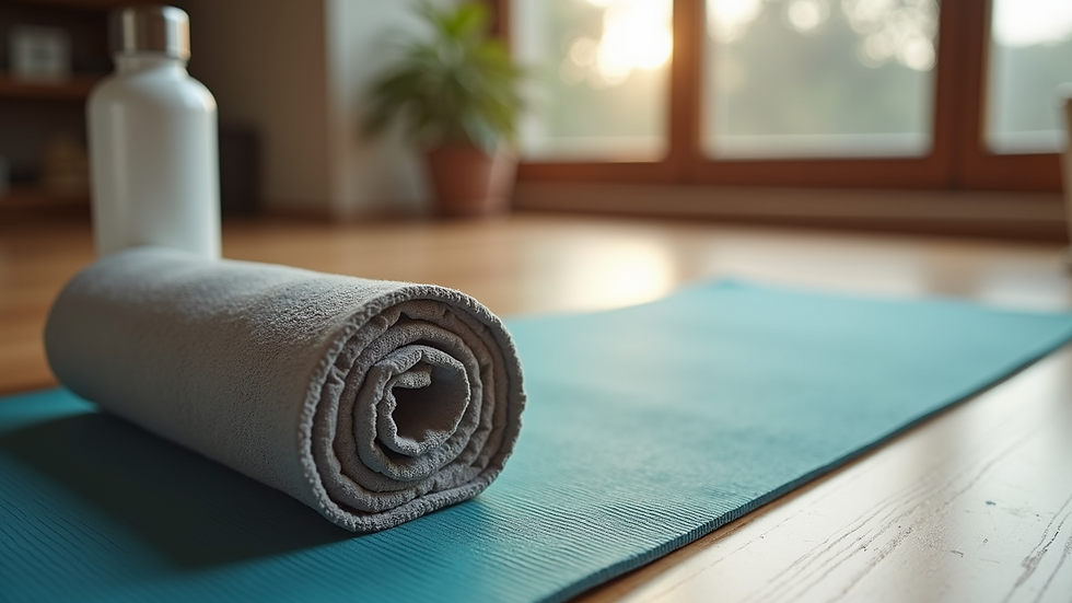 Close-up view of a yoga mat with a rolled towel and water bottle, ready for a core workout