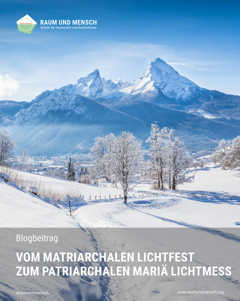 Titelbild Blogbeitrag - Winterlandschaft mit Titel Vom matriarchalen Lichtfest zum patriarchalen Mariä Lichtmess - Raum und Mensch - Geomantie - Radiästhesie