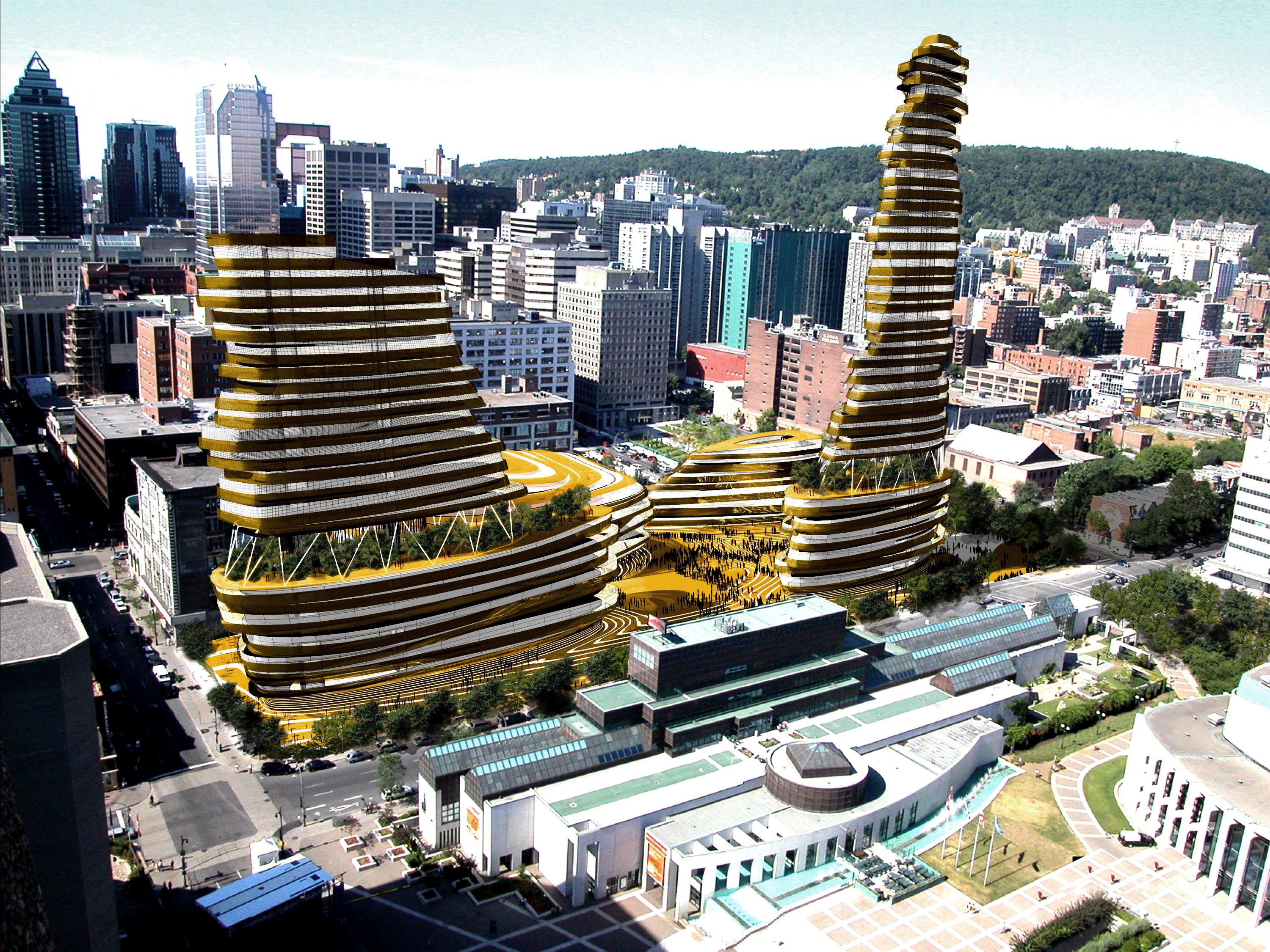 Aerial view towards West with South Tower on Ste-Catherine